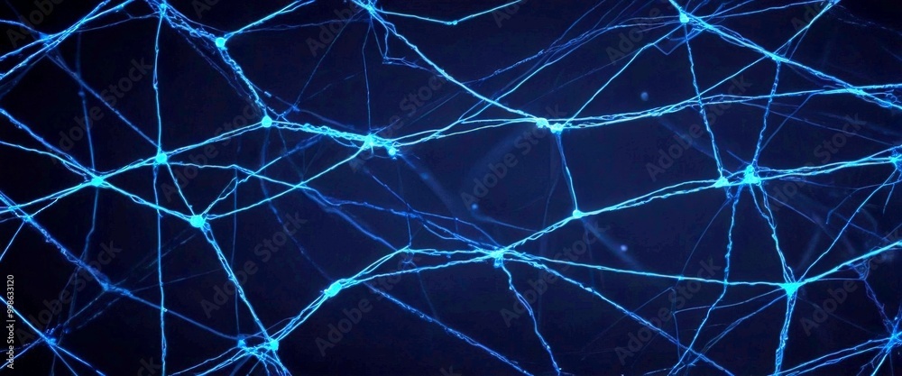 Poster a close-up view network of blue lines and dots, resembling a complex web or a network of interconnected nodes The lines and dots are arranged in