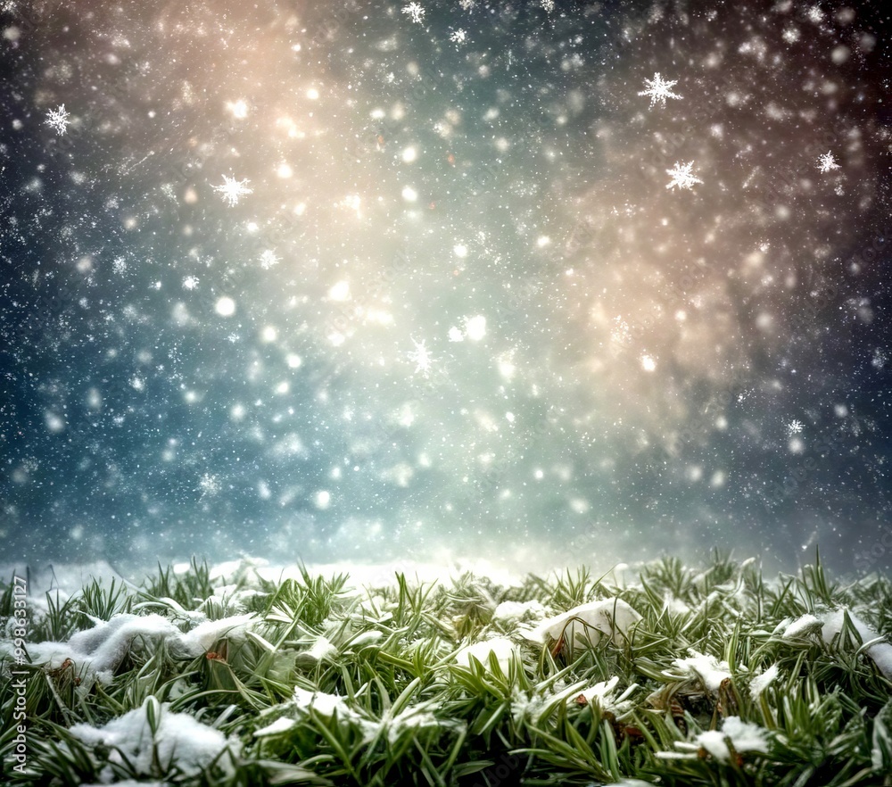 Poster a serene winter scene with snowflakes falling gently on a field of green grass, creating a peaceful 
