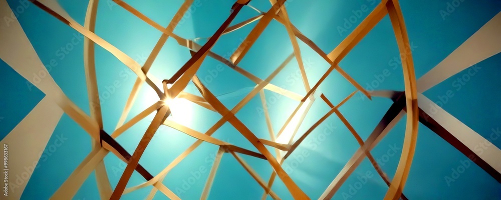 Aufkleber a complex arrangement of intersecting wooden beams against a blue sky background, creating a visually striking and abstract composition