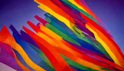 a vibrant abstract composition of overlapping, multicolored strips of paper or fabric against a purple background