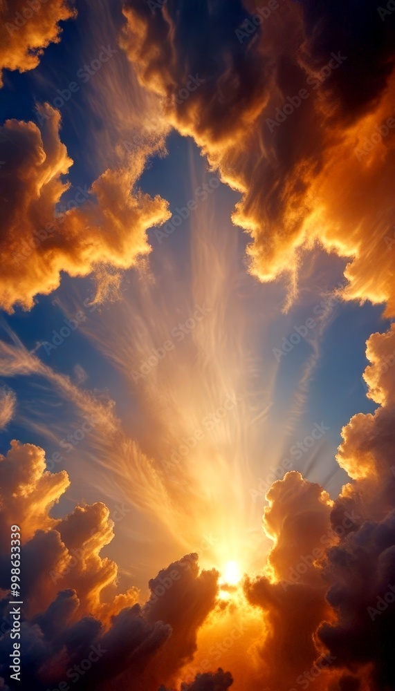 Poster a breathtaking sunset scene with dramatic clouds illuminated by the sun's rays, creating a stunning 
