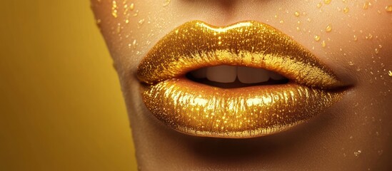 Close up of woman's lips with gold glitter lipstick.