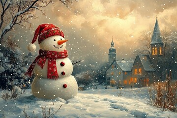 Obraz premium Winter-themed scene featuring a cheerful snowman wearing a red scarf and hat, set against a snowy landscape with a quaint village and church in the background