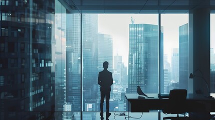 Fototapeta premium Disconnected Businessman Contemplating the Bustling City from Office Window
