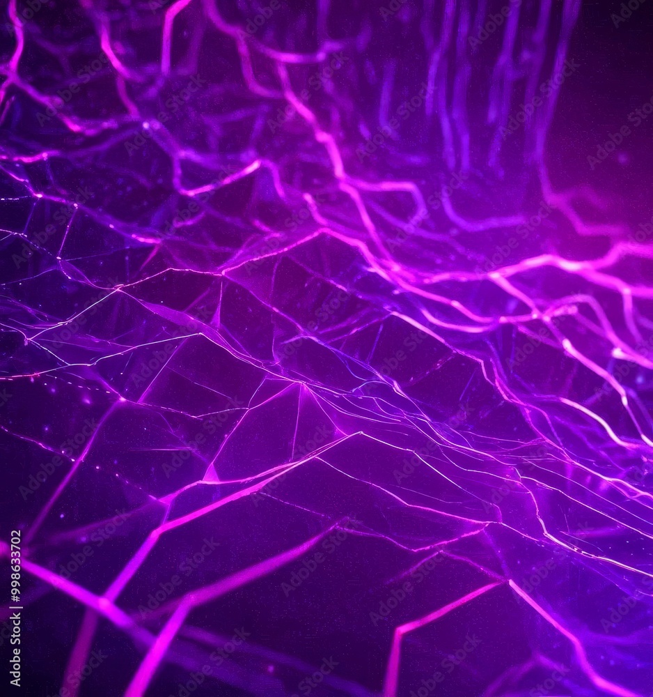 Poster a digital illustration featuring a complex network of intersecting lines and curves in shades of purple and pink, creating a sense of depth and movement
