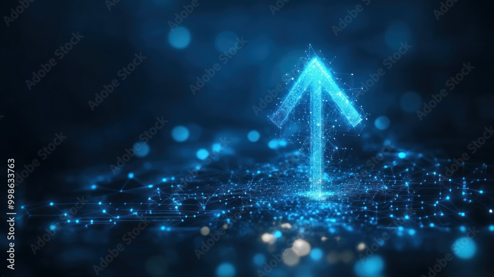 Sticker abstract blue glowing arrow rising from a grid of connected dots with bokeh lights.