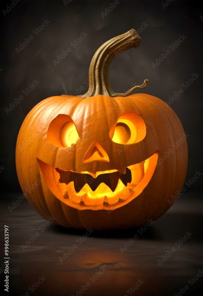 Poster a carved pumpkin with a smiling jack-o'-lantern face sits on a dark surface, illuminated by a warm g