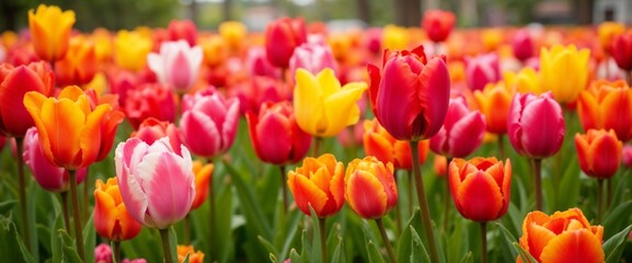 Obraz premium Colorful tulip flower background with a variety of vibrant hues in full bloom
