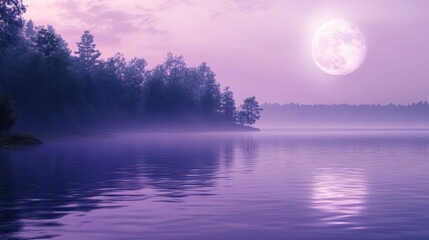 Fototapeta premium A large, full moon glows over a serene lake at dusk with a forest in the background, the sky and water a soft purple hue.