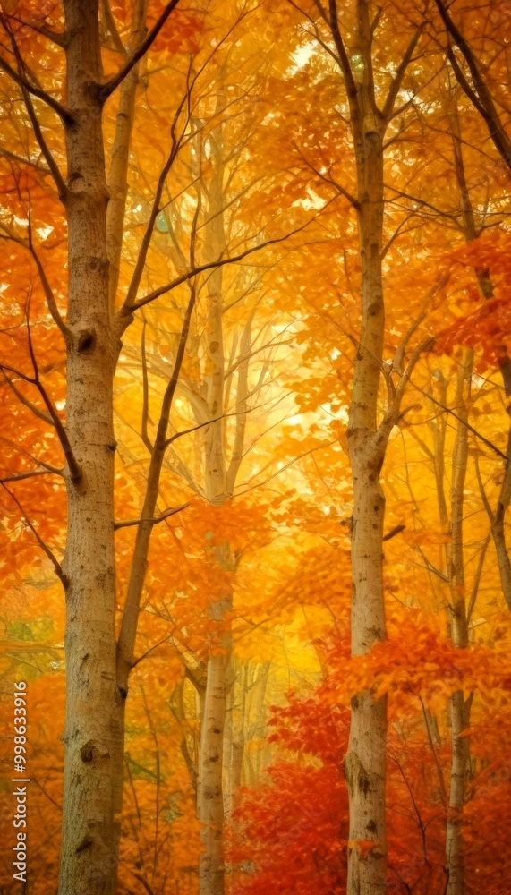 Poster a serene autumn scene unfolds in a forest, with tall trees adorned in vibrant orange and yellow leav