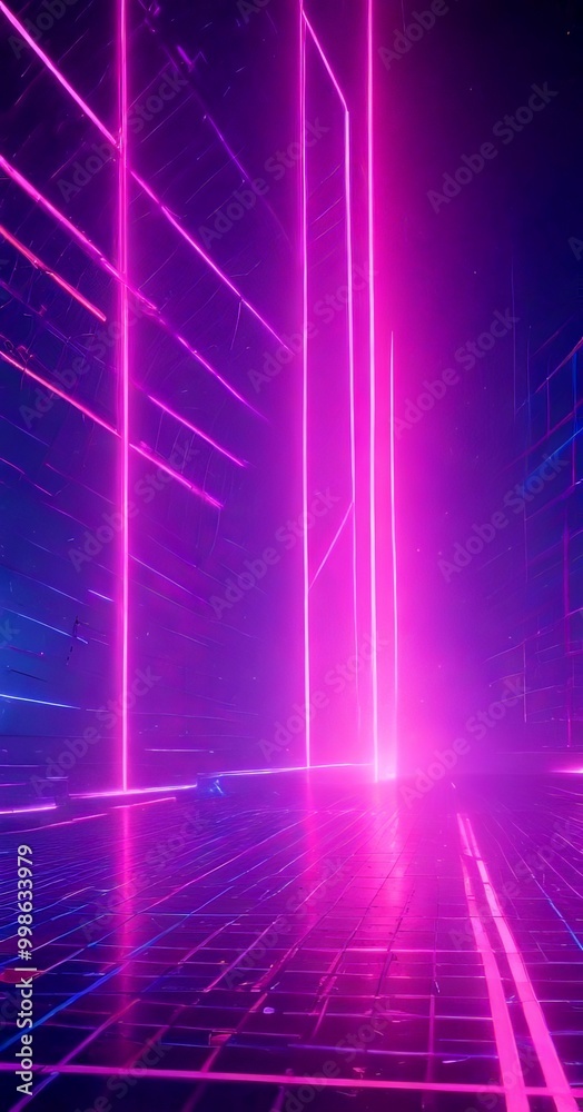 Poster a futuristic, neon-lit environment with a grid-like pattern of glowing lines and a glowing floor