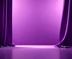 A purple curtain is opened to reveal a blank stage, with the curtain on the left and the curtain on the right, creating a symmetrical composition