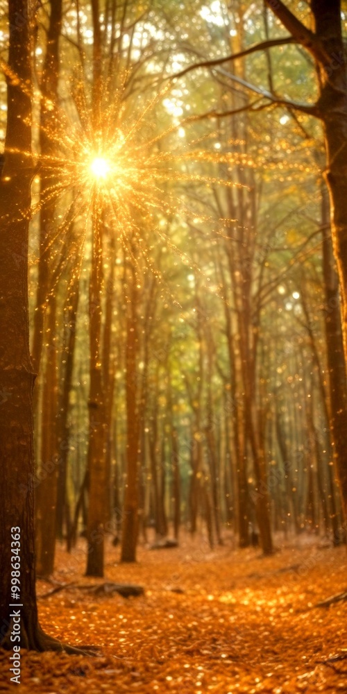 Poster a radiant sun shines through the trees, casting a warm glow on the forest floor and creating a magic
