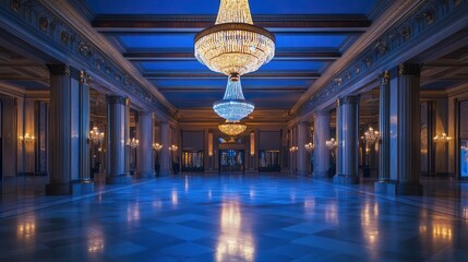 opulent art deco ballroom shrouded in midnight blue shadows crystal chandeliers casting mysterious gleam on polished marble floors hinting at bygone era of glamour