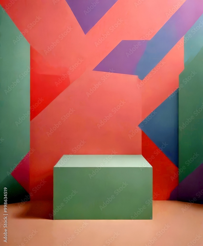 Poster A minimalist geometric composition featuring a light green rectangular platform against a pink and blue abstract background