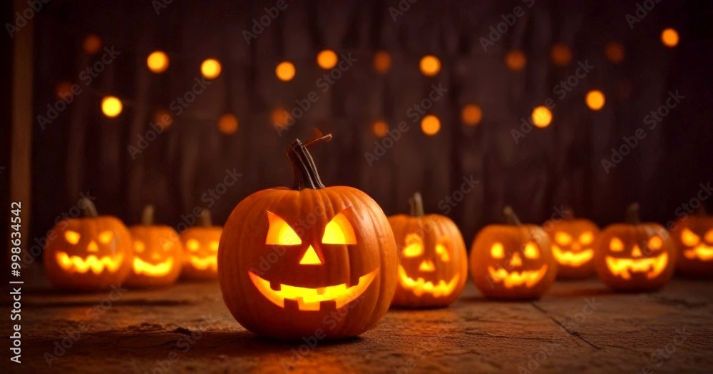 Poster a row of carved jack-o'-lanterns with glowing eyes and open mouths, set against a dark background wi