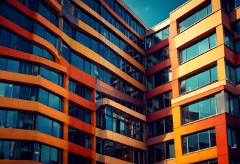 Obraz premium a modern, multi-story building with a striking facade featuring a series of windows in various shades of orange, yellow, and red, set against a clear blue sky