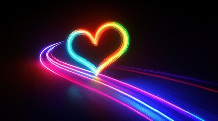Abstract glowing neon heart shape in a rainbow color scheme with streaks of light in the background.