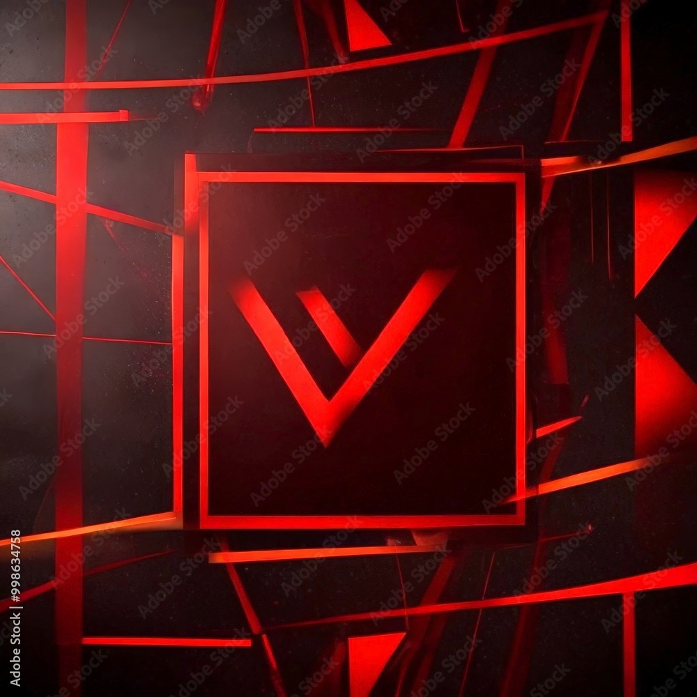 Poster a striking red and black abstract design with a prominent red v-shaped symbol in the center, surroun