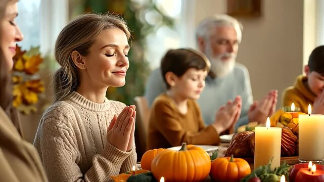 A Christian family gathering on Thanksgiving Day to give thanks for their blessings. Before the meal, they join hands around the table to pray, thanking God for His provision
