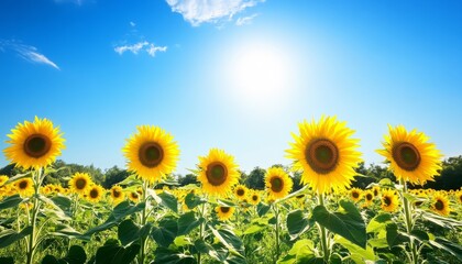 Fototapeta premium Sunflower Field. Sunflowers in Bloom. Sunflower Garden. Golden Hour Sunflowers. Sunny Sunflower Field.