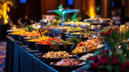 opulent buffet spread with an array of gourmet dishes vibrant colors of fresh ingredients elegant table settings and ambient lighting creating an inviting atmosphere