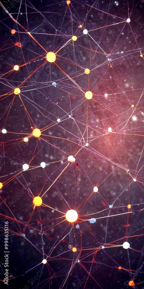 Poster a complex network of interconnected lines and dots, resembling a constellation of stars against a dark background The lines and dots vary in size and