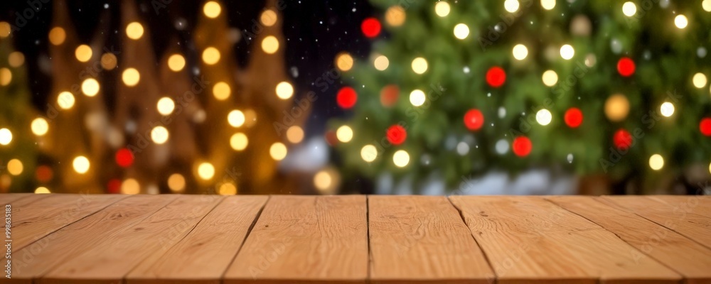 Poster A wooden table sits in the foreground, with a blurred Christmas tree and twinkling lights in the background
