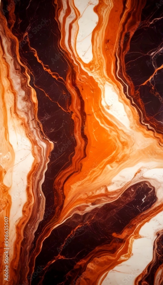 Poster a close-up view marble surface with a striking pattern of swirling lines and swirls in shades of brown, orange, and white