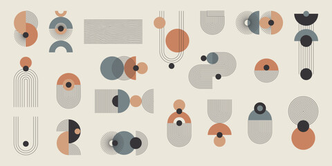 Naklejka premium Monochromatyczny zestaw abstrakcyjnych elementów z kolorystycznym akcentem. Geometryczne kształty w paski, minimalistyczne cienkie linie, łuki, elipsy, kwadraty. Ilustracja wektorowa.