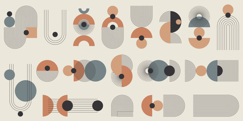Monochromatyczny zestaw abstrakcyjnych elementów z kolorystycznym akcentem. Geometryczne kształty w paski, minimalistyczne cienkie linie, łuki, elipsy, kwadraty. Ilustracja wektorowa.