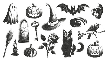 Retro elements of a Halloween collage with a dot photocopy effect. Vector illustration of a grunge texture of an eye, a cat, a pumpkin, a ghost, a candle, a key.