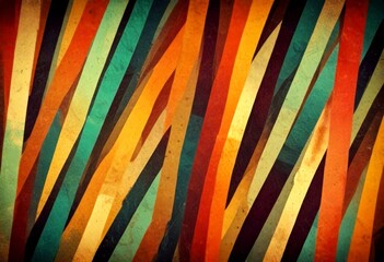 a vibrant abstract pattern composed of intersecting diagonal lines in various colors, including red, orange, yellow, green, blue, and brown, creating a dynamic and