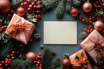 Christmas-themed flat lay with wrapped gifts, pine branches, red berries, ornaments, and a blank card in the center, creating a festive holiday scene