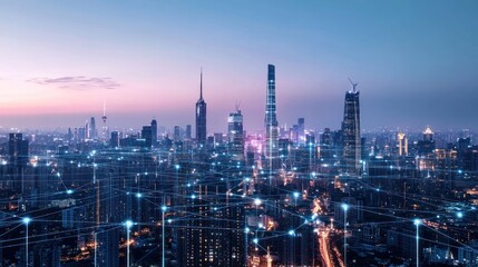 Fototapeta premium A modern city at night with glowing lights and interconnected lines representing the city's digital infrastructure.