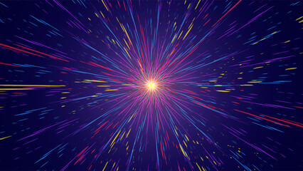 Abstract cosmic explossion. Speed of light in outerspace of galaxy. Hyperjump in space. Multicolored glowing neon rays of universe. 