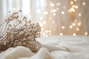 Soft, cozy scene featuring dried flowers resting on a knitted blanket with warm, blurred bokeh lights in the background. The image evokes a calm, serene, and comforting atmosphere, perfect for winter 