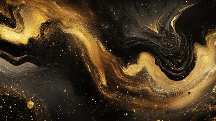 opulent gold and black abstract featuring swirling cosmic dust luxurious textures shimmering particles and the illusion of depth in a galactic dance