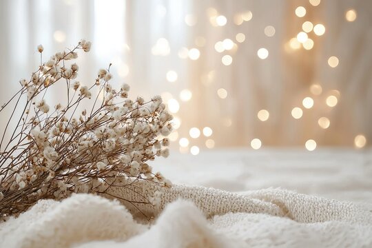 Soft, cozy scene featuring dried flowers resting on a knitted blanket with warm, blurred bokeh lights in the background. The image evokes a calm, serene, and comforting atmosphere, perfect for winter 