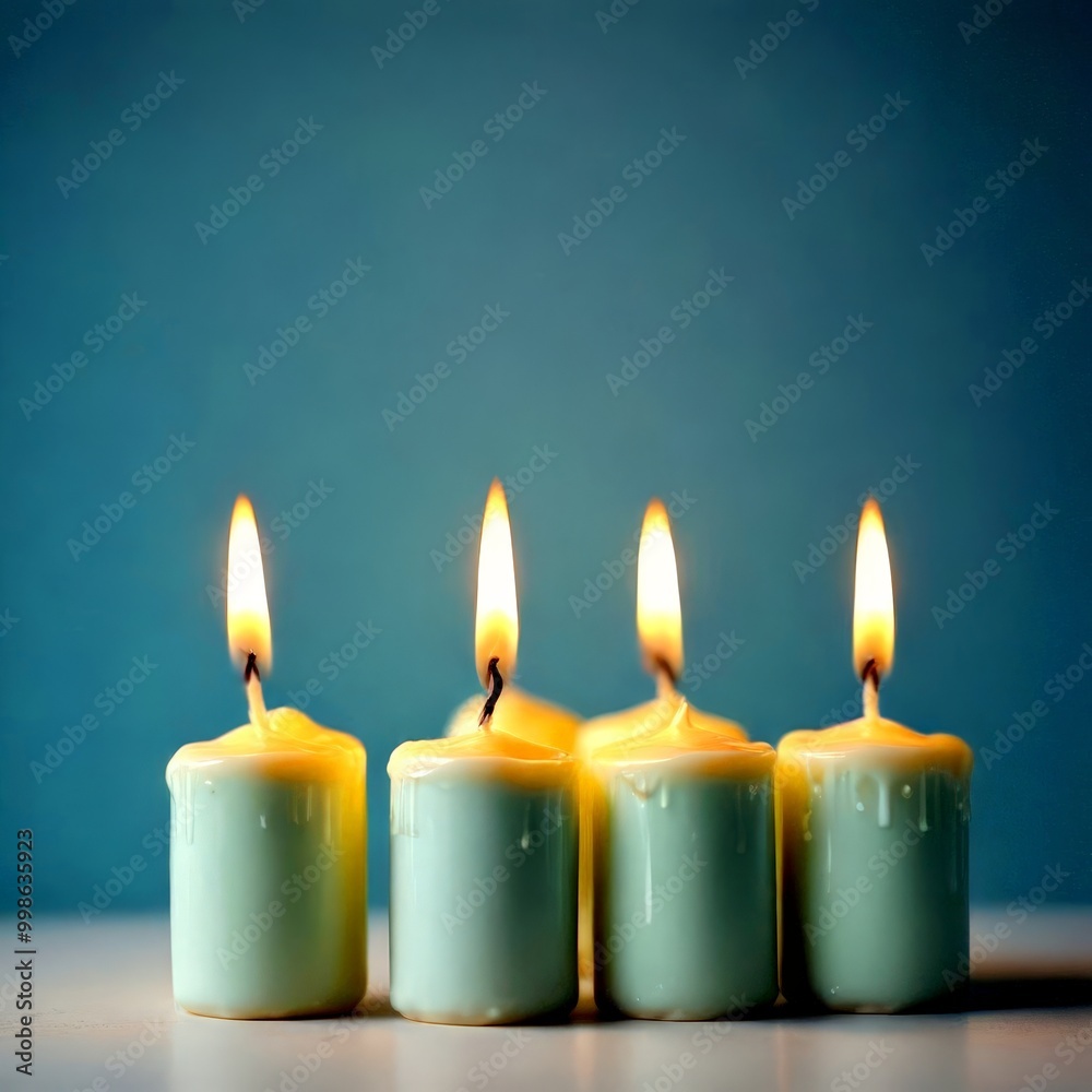 Poster four white candles with flickering flames are arranged in a row on a light blue background