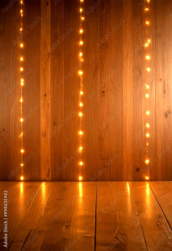 Poster A wooden wall with a series of string lights strung across it, creating a warm and cozy atmosphere