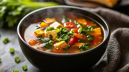 A vibrant bowl of vegetable soup with tofu, garnished with fresh herbs, nestled on a dark surface alongside green onions.