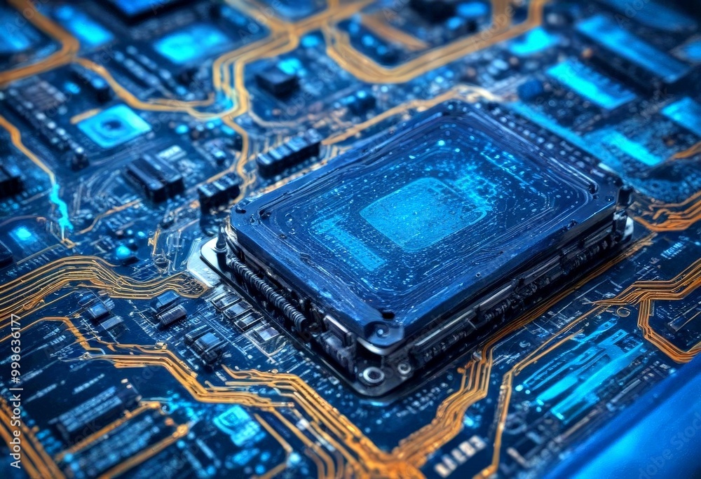 Aufkleber A close-up view computer chip, showcasing its intricate design and the complex network of electronic components that make up its inner workings