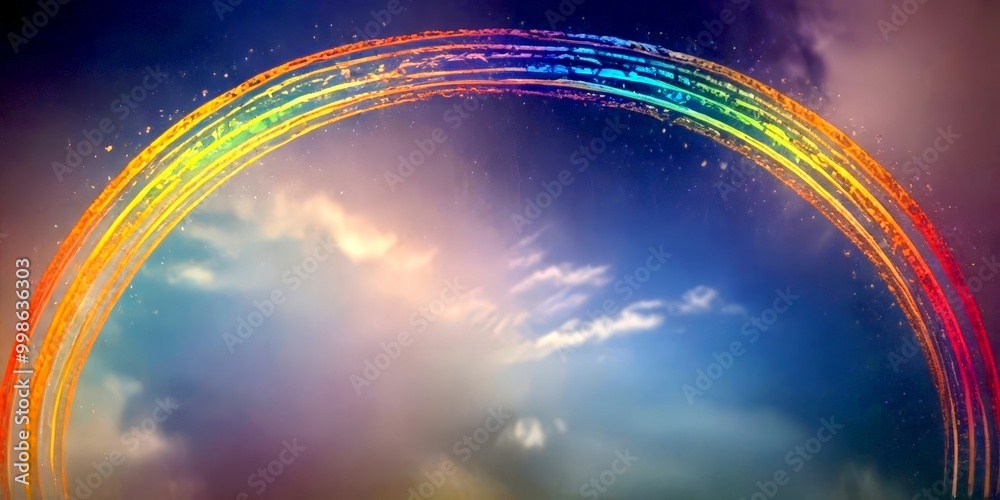 Poster A vibrant rainbow arches across the sky, its colors blending and reflecting off the clouds, creating a captivating and serene visual