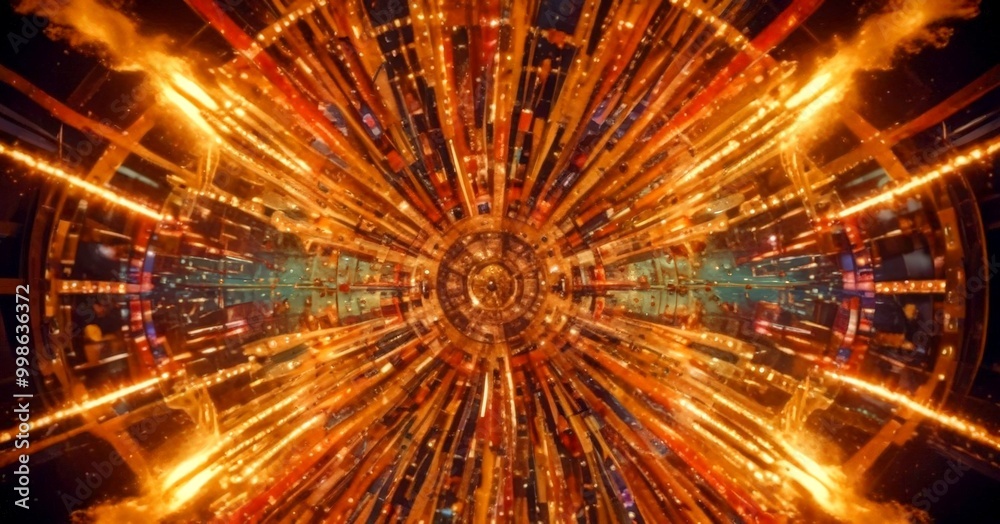 Poster a vibrant, abstract pattern of intersecting lines and beams of light, creating a sense of depth and dimensionality The colors are predominantly warm hues of orange, yellow,