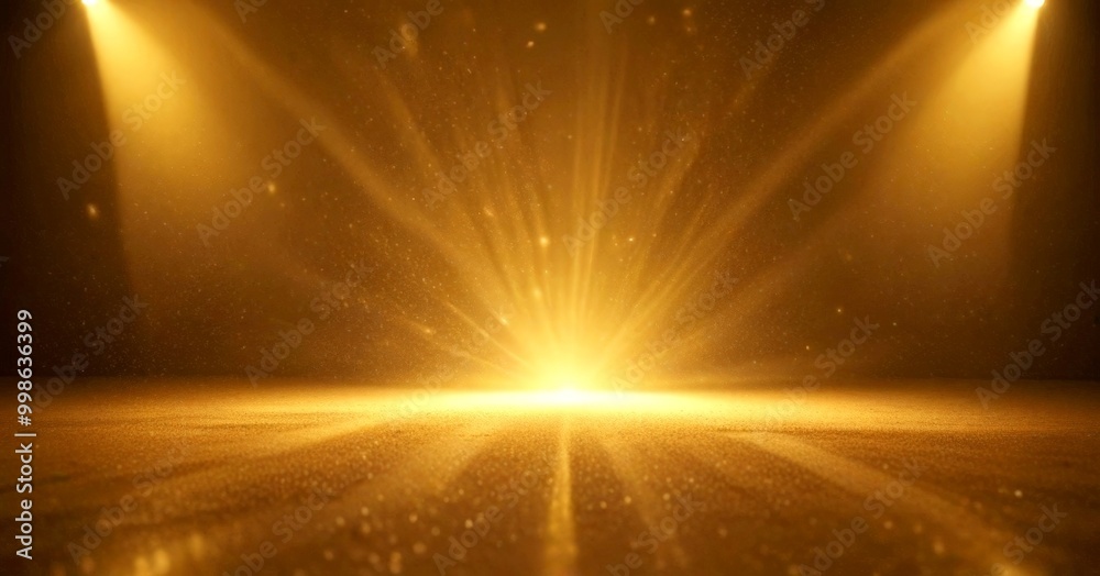 Poster a dramatic stage setting with a spotlight shining down on a polished wooden floor, creating a radian