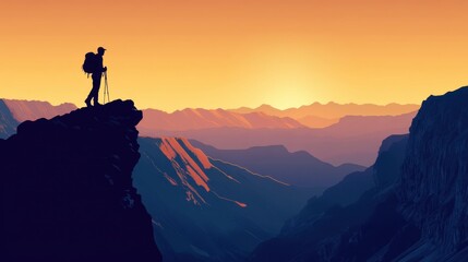 Fototapeta premium A hiker reaches the apex of a mountain, silhouetted against the sky, with panoramic views of cliffs and valleys stretching endlessly below.