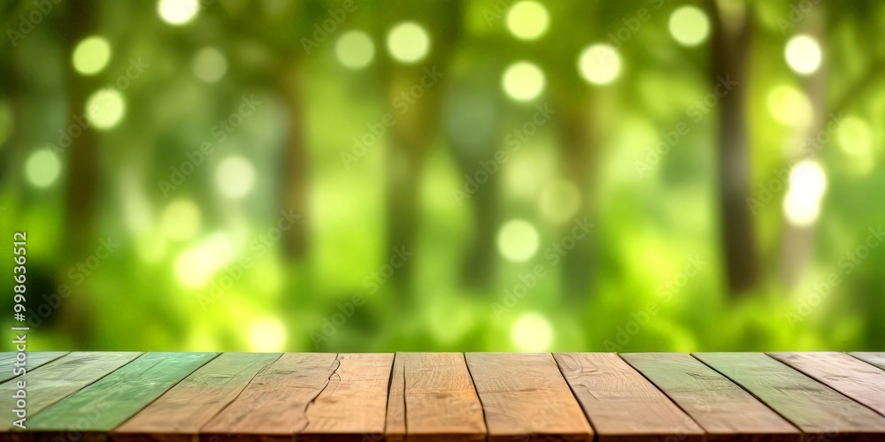 Poster a wooden table sits in the foreground, its surface reflecting the blurred greenery lush forest in th