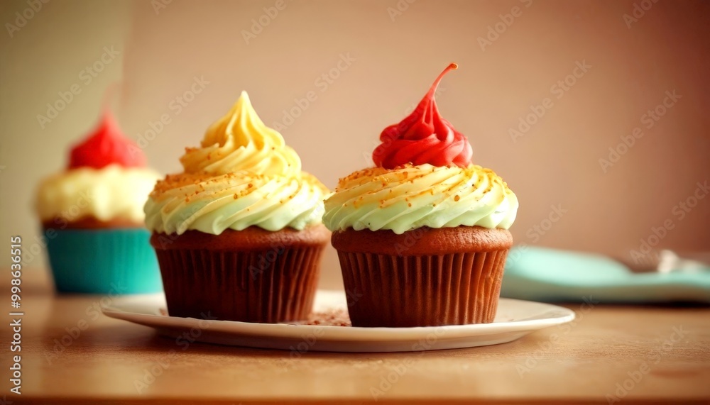 Poster two cupcakes with colorful frosting and sprinkles sit on a white plate, with a blurred background su