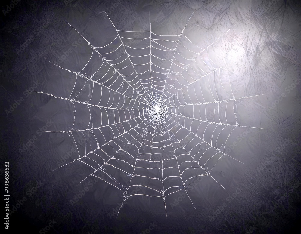 Poster A spider web glistens with dew, its intricate pattern of thin lines and strands creating a mesmerizing visual against a dark background